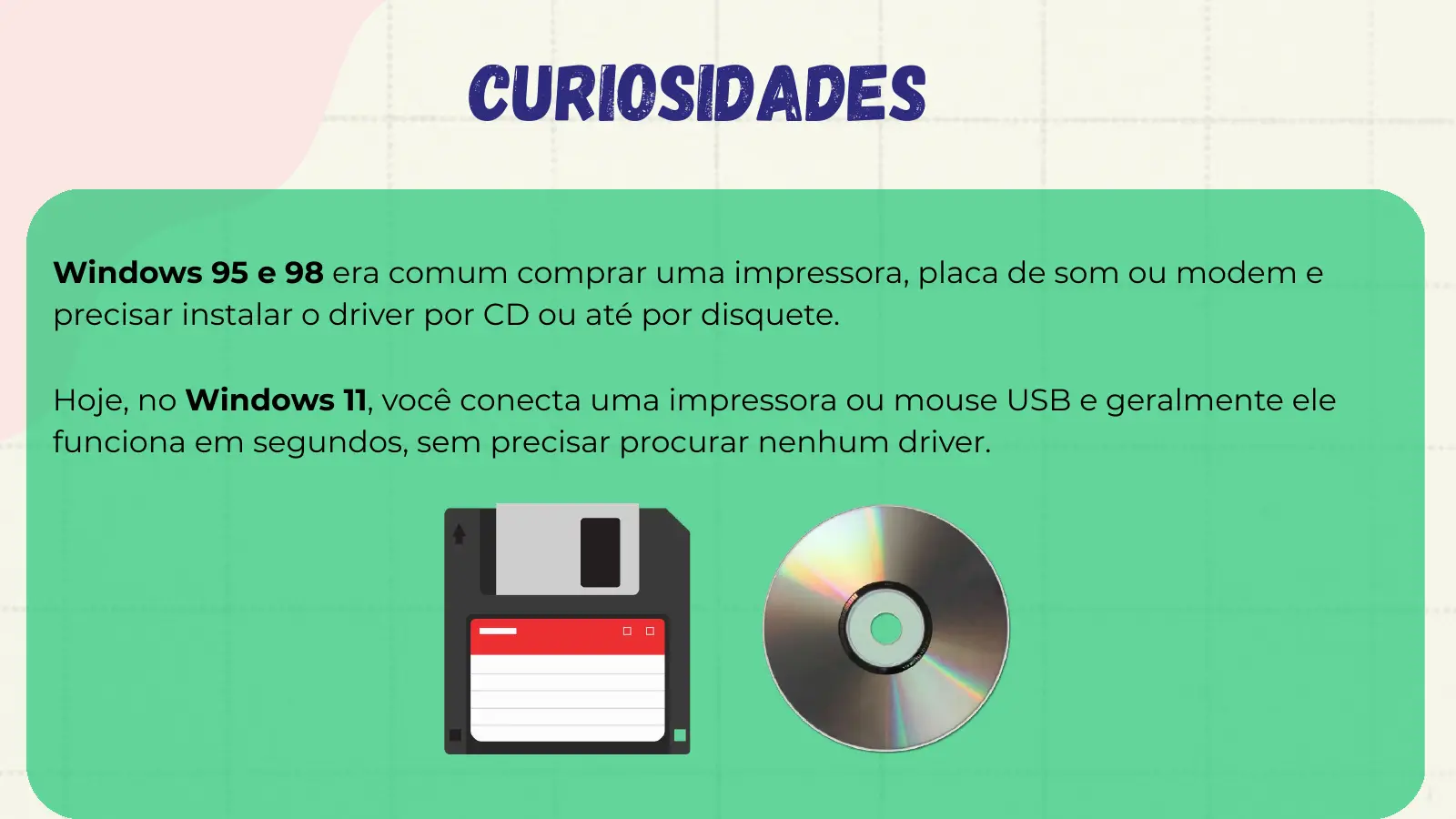 curiosidadeS Windows 95 e 98 era comum comprar uma impressora, placa de som ou modem e precisar instalar o driver por CD ou até por disquete. Hoje, no Windows 11, você conecta uma impressora ou mouse USB e geralmente ele funciona em segundos, sem precisar procurar nenhum driver.