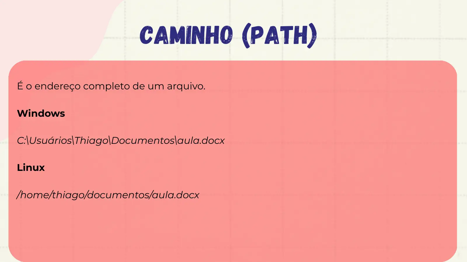 Caminho (Path) É o endereço completo de um arquivo. Windows C:\Usuários\Thiago\Documentos\aula.docx Linux /home/thiago/documentos/aula.docx