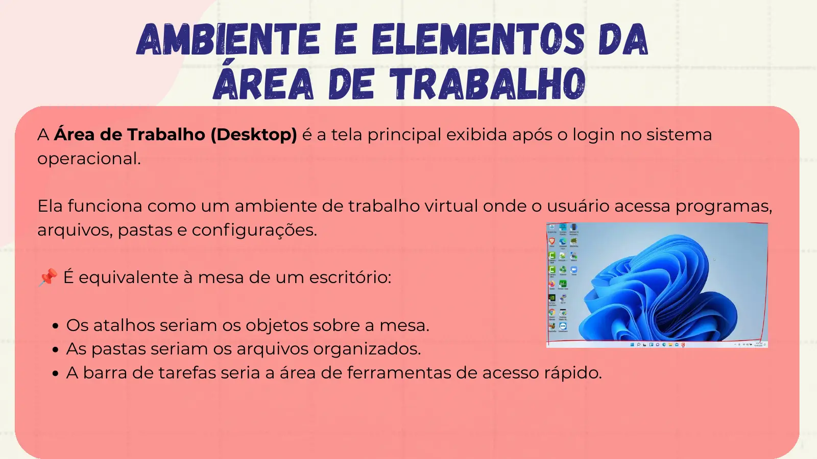 Ambiente e Elementos da Área de Trabalho A Área de Trabalho (Desktop) é a tela principal exibida após o login no sistema operacional. Ela funciona como um ambiente de trabalho virtual onde o usuário acessa programas, arquivos, pastas e configurações. 📌 É equivalente à mesa de um escritório: Os atalhos seriam os objetos sobre a mesa. As pastas seriam os arquivos organizados. A barra de tarefas seria a área de ferramentas de acesso rápido.