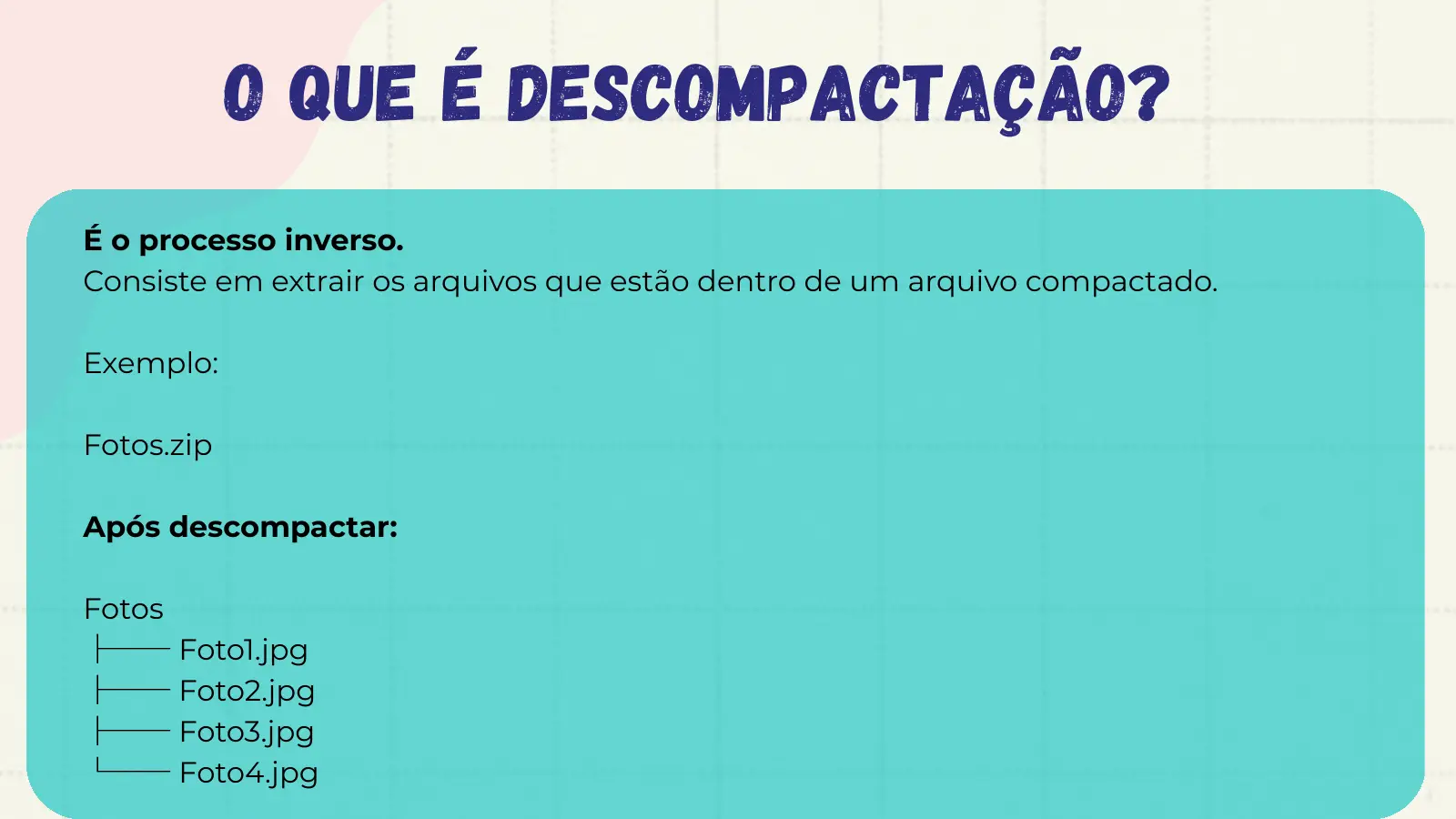 O que é Descompactação? É o processo inverso. Consiste em extrair os arquivos que estão dentro de um arquivo compactado. Exemplo: Fotos.zip Após descompactar: Fotos ├── Foto1.jpg ├── Foto2.jpg ├── Foto3.jpg └── Foto4.jpg