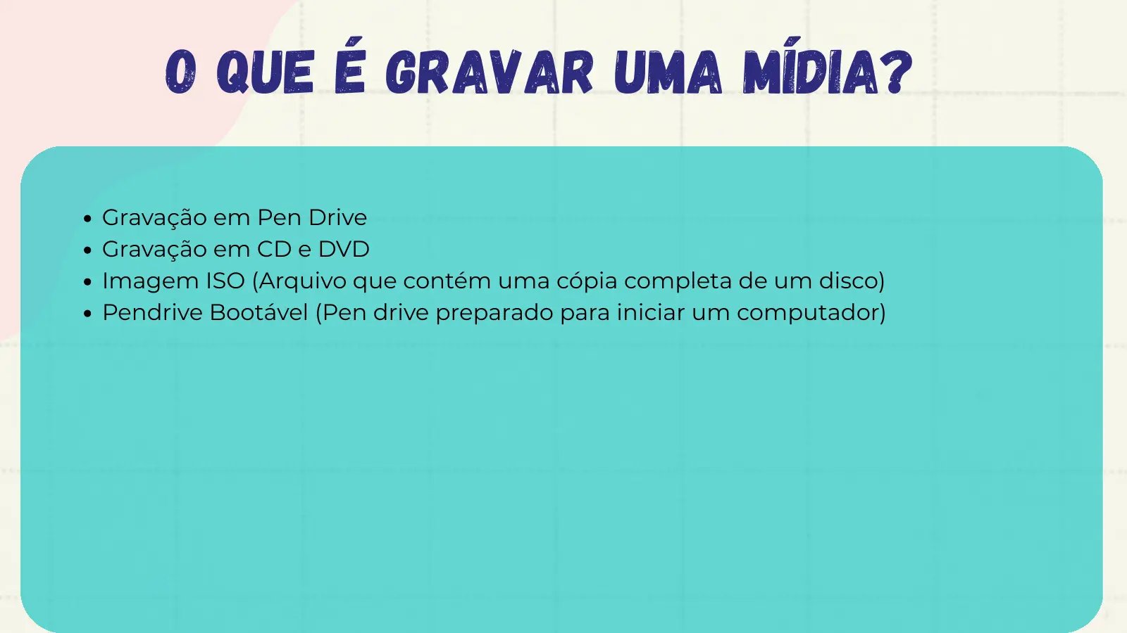 O que é Gravar uma Mídia? Gravação em Pen Drive Gravação em CD e DVD Imagem ISO (Arquivo que contém uma cópia completa de um disco) Pendrive Bootável (Pen drive preparado para iniciar um computador)