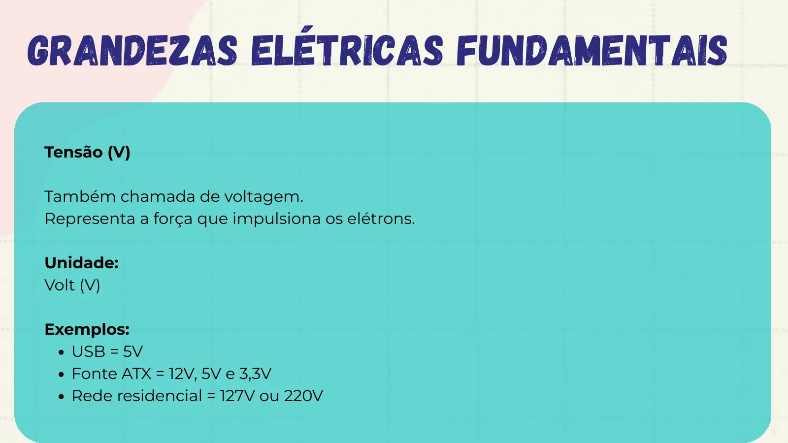 Grandezas Elétricas Fundamentais Tensão (V) Também chamada de voltagem. Representa a força que impulsiona os elétrons. Unidade: Volt (V) Exemplos: USB = 5V Fonte ATX = 12V, 5V e 3,3V Rede residencial = 127V ou 220V