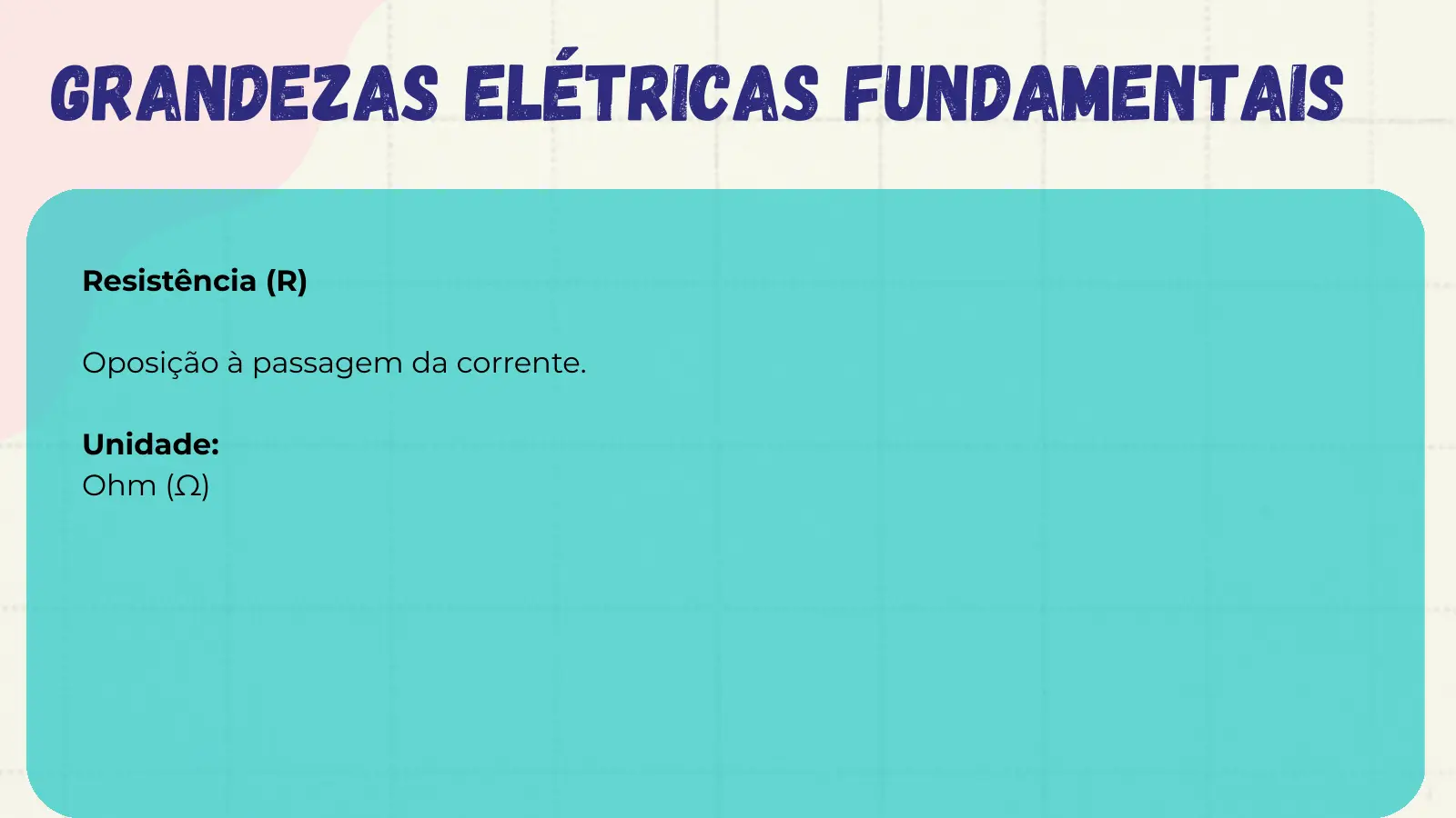 Grandezas Elétricas Fundamentais Resistência (R) Oposição à passagem da corrente. Unidade: Ohm (Ω)