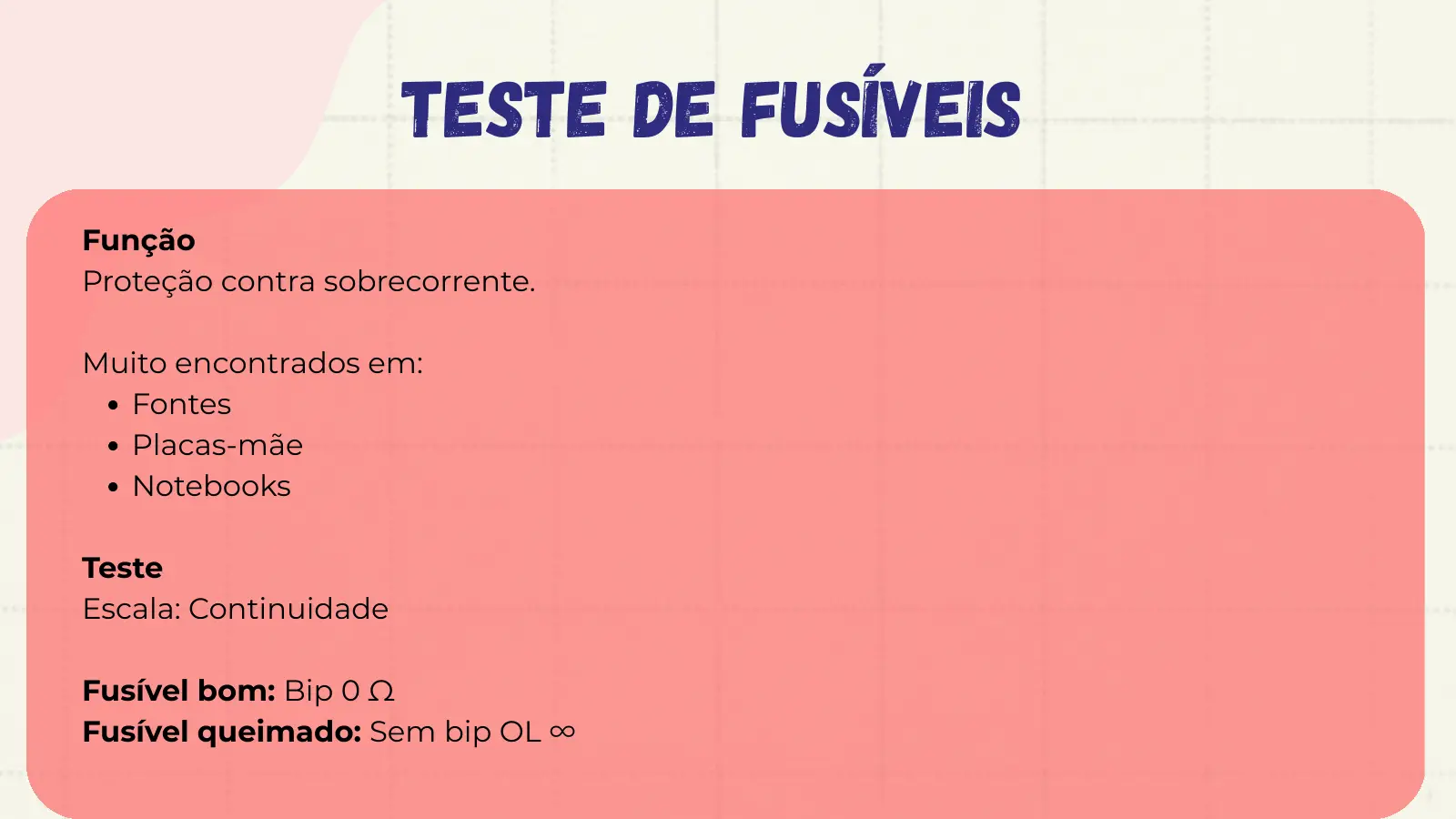 Teste de Fusíveis Função Proteção contra sobrecorrente. Muito encontrados em: Fontes Placas-mãe Notebooks Teste Escala: Continuidade Fusível bom: Bip 0 Ω Fusível queimado: Sem bip OL ∞