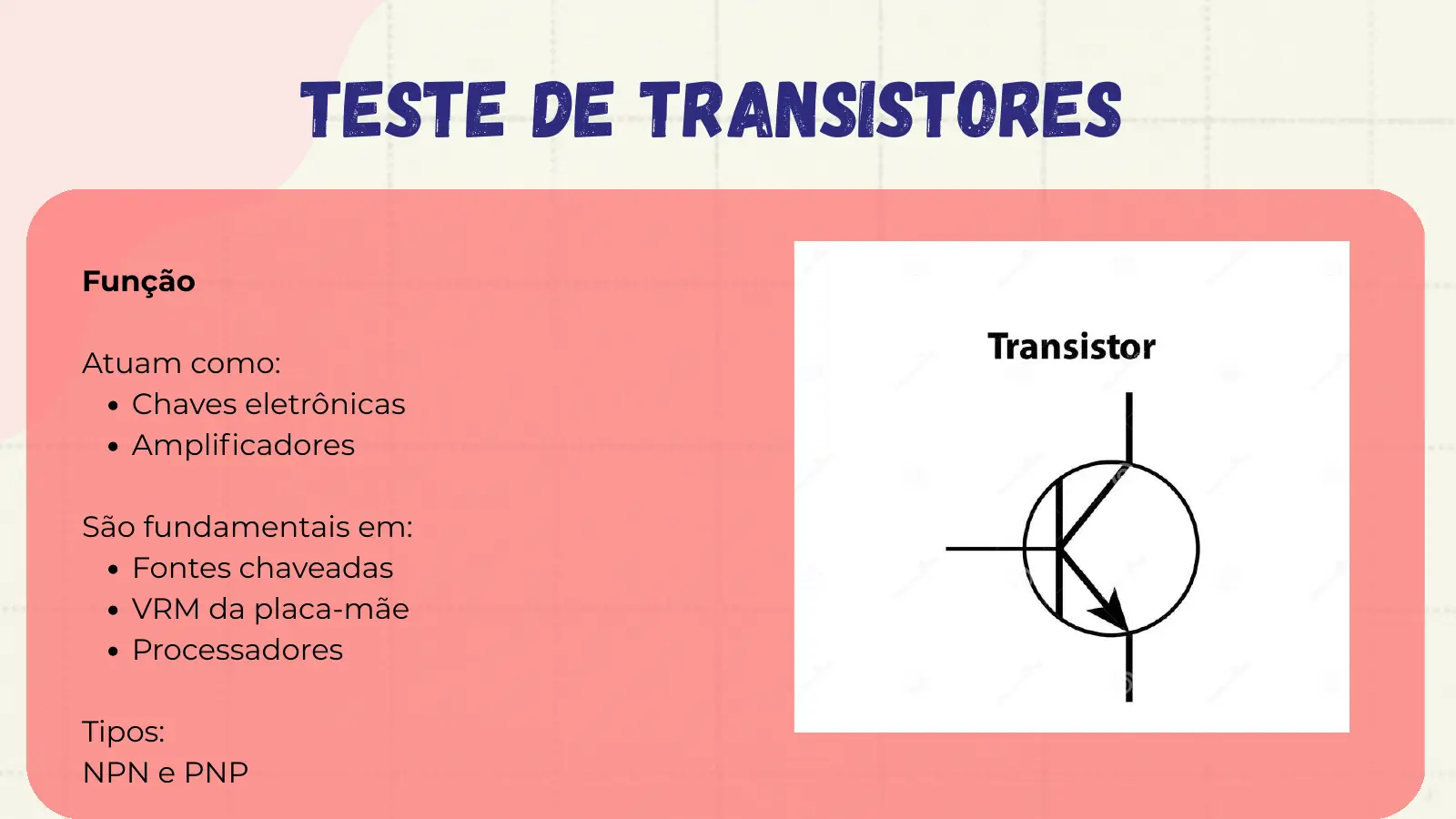 Teste de Transistores Função Atuam como: Chaves eletrônicas Amplificadores São fundamentais em: Fontes chaveadas VRM da placa-mãe Processadores Tipos: NPN e PNP