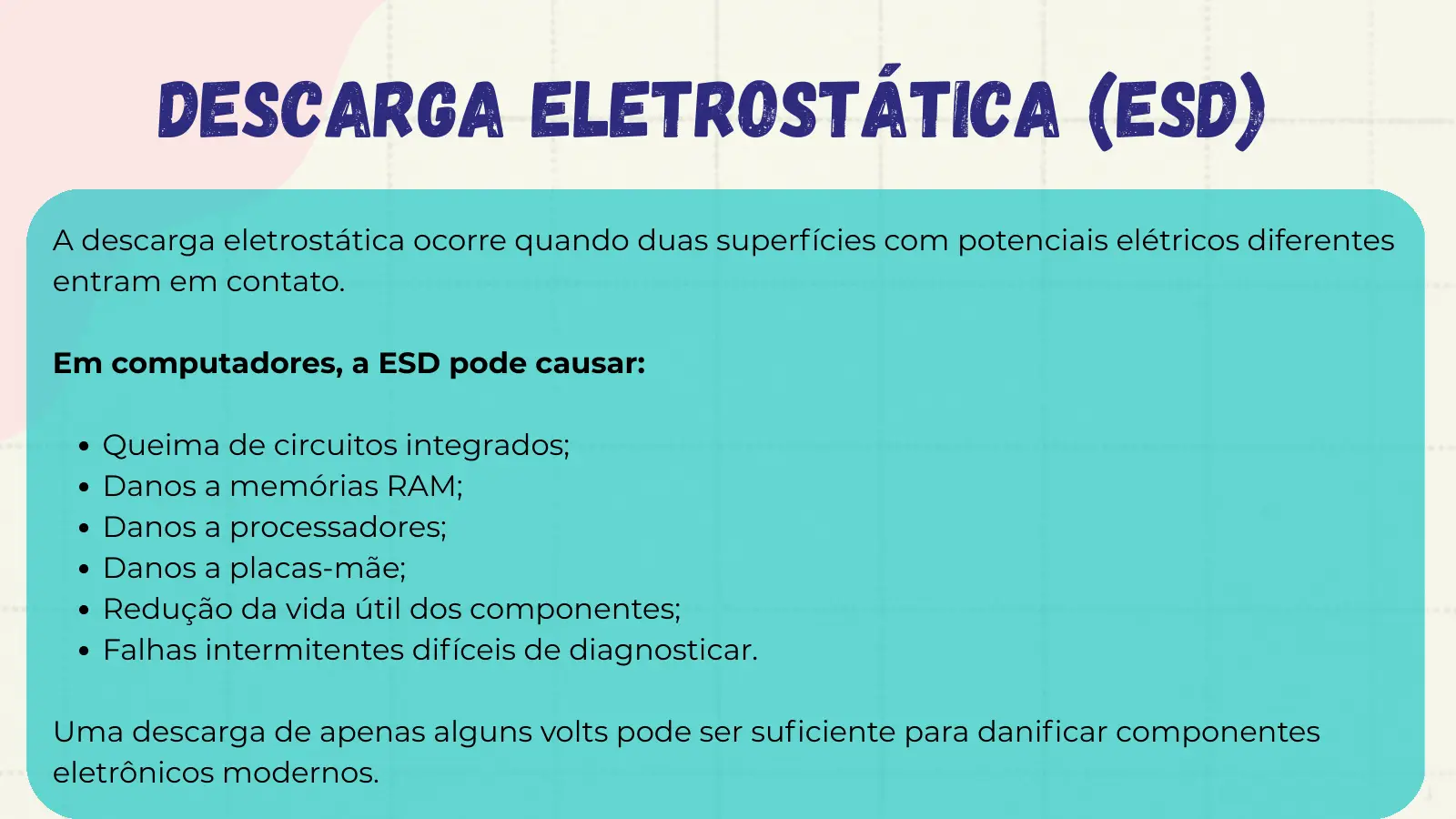 Descarga Eletrostática (ESD) A descarga eletrostática ocorre quando duas superfícies com potenciais elétricos diferentes entram em contato. Em computadores, a ESD pode causar: Queima de circuitos integrados; Danos a memórias RAM; Danos a processadores; Danos a placas-mãe; Redução da vida útil dos componentes; Falhas intermitentes difíceis de diagnosticar. Uma descarga de apenas alguns volts pode ser suficiente para danificar componentes eletrônicos modernos.
