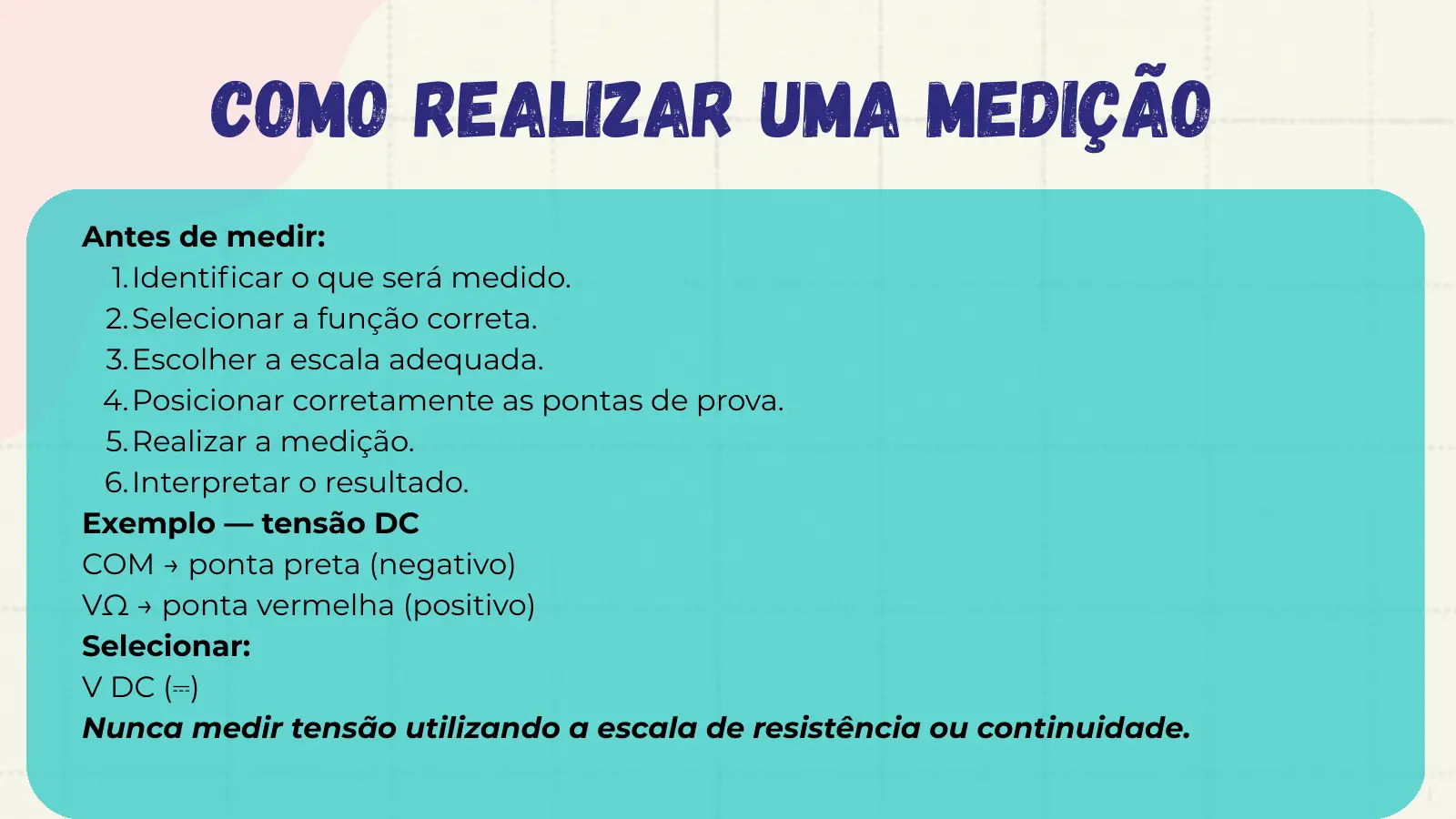 Como realizar uma medição Antes de medir: 1. Identificar o que será medido. 2. Selecionar a função correta. 3. Escolher a escala adequada. 4. Posicionar corretamente as pontas de prova. 5. Realizar a medição. 6. Interpretar o resultado. Exemplo — tensão DC COM → ponta preta (negativo) VΩ → ponta vermelha (positivo) Selecionar: V DC (⎓) Nunca medir tensão utilizando a escala de resistência ou continuidade.