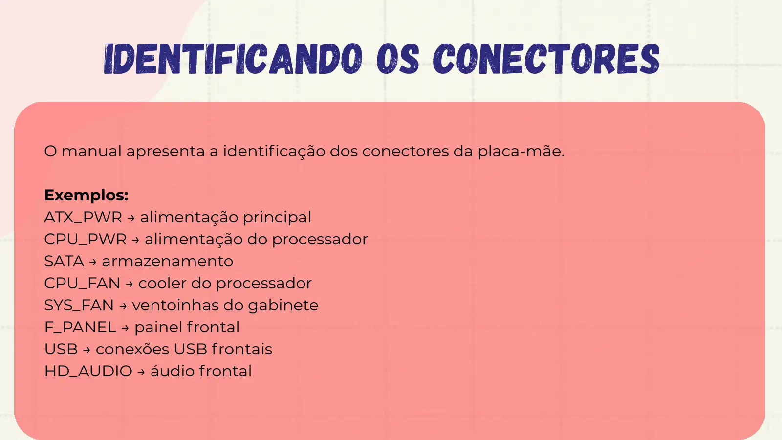 Identificando os Conectores O manual apresenta a identificação dos conectores da placa-mãe. Exemplos: ATX_PWR → alimentação principal CPU_PWR → alimentação do processador SATA → armazenamento CPU_FAN → cooler do processador SYS_FAN → ventoinhas do gabinete F_PANEL → painel frontal USB → conexões USB frontais HD_AUDIO → áudio frontal