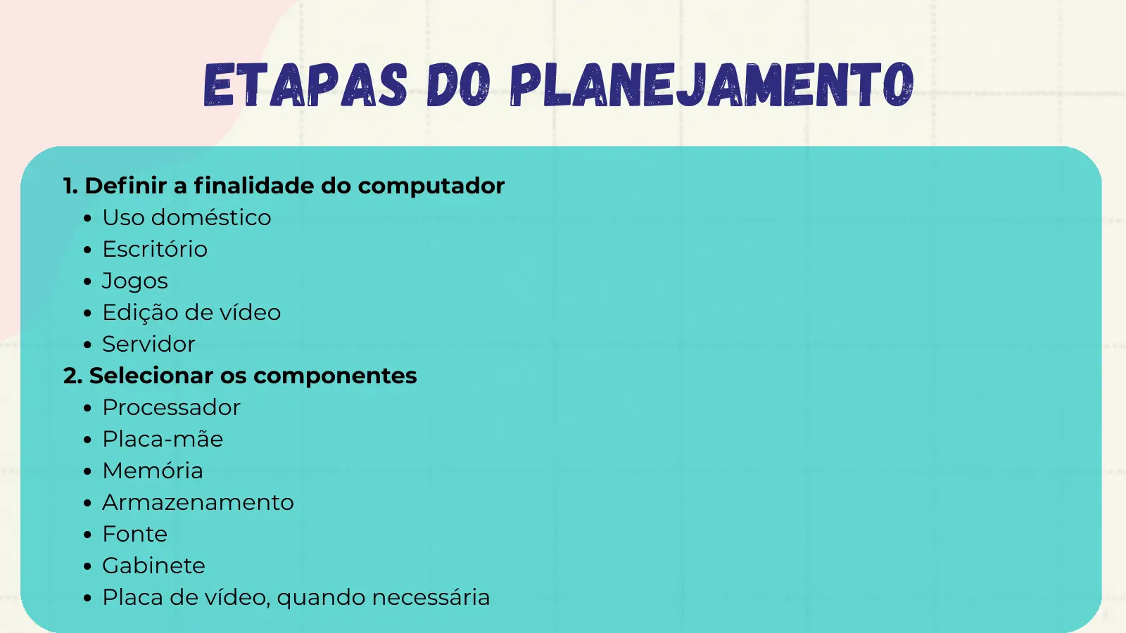 Etapas do Planejamento 1. Definir a finalidade do computador Uso doméstico Escritório Jogos Edição de vídeo Servidor 2. Selecionar os componentes Processador Placa-mãe Memória Armazenamento Fonte Gabinete Placa de vídeo, quando necessária