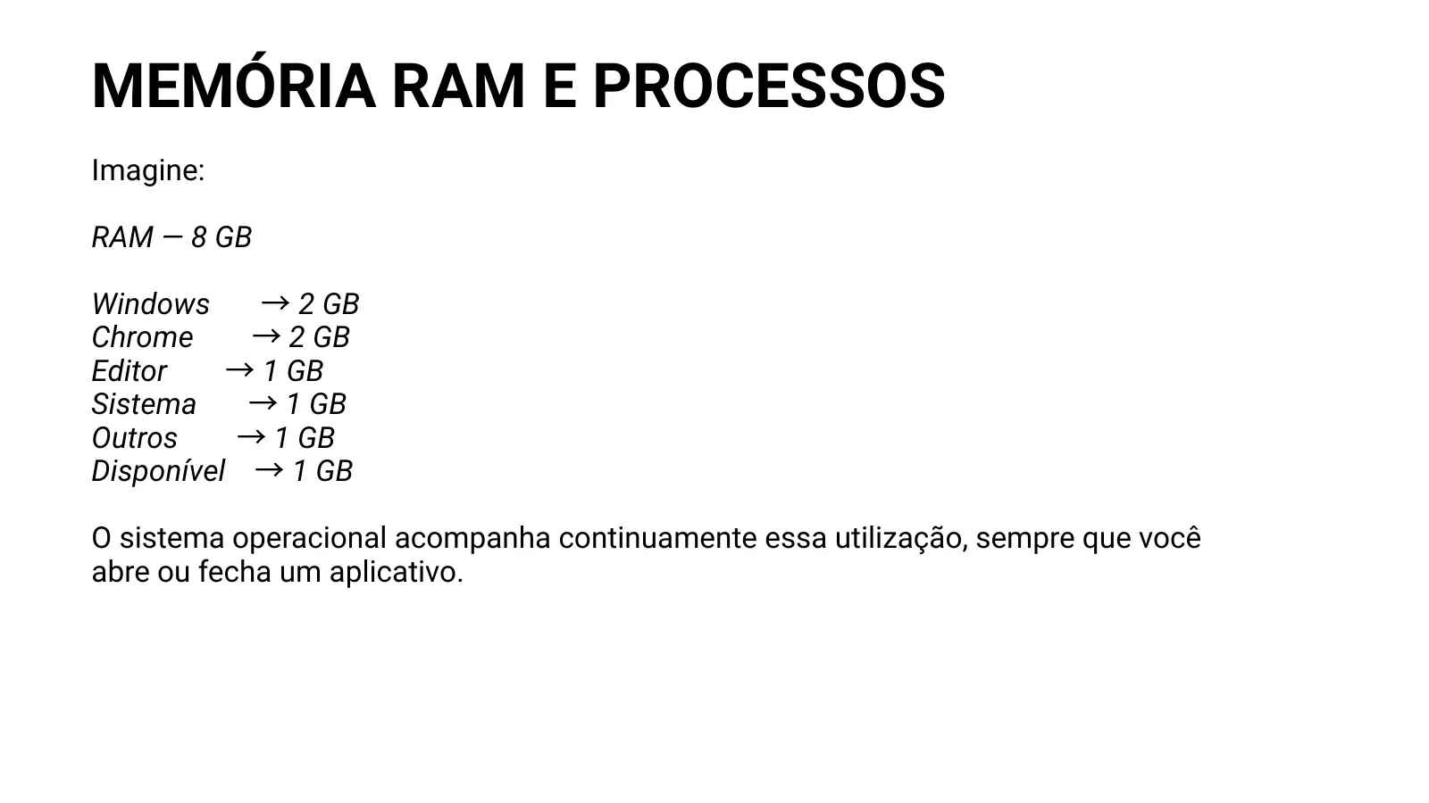 MEMÓRIA RAM E PROCESSOS Imagine: RAM — 8 GB Windows → 2 GB Chrome → 2 GB Editor → 1 GB Sistema → 1 GB Outros → 1 GB Disponível → 1 GB O sistema operacional acompanha continuamente essa utilização, sempre que você abre ou fecha um aplicativo.