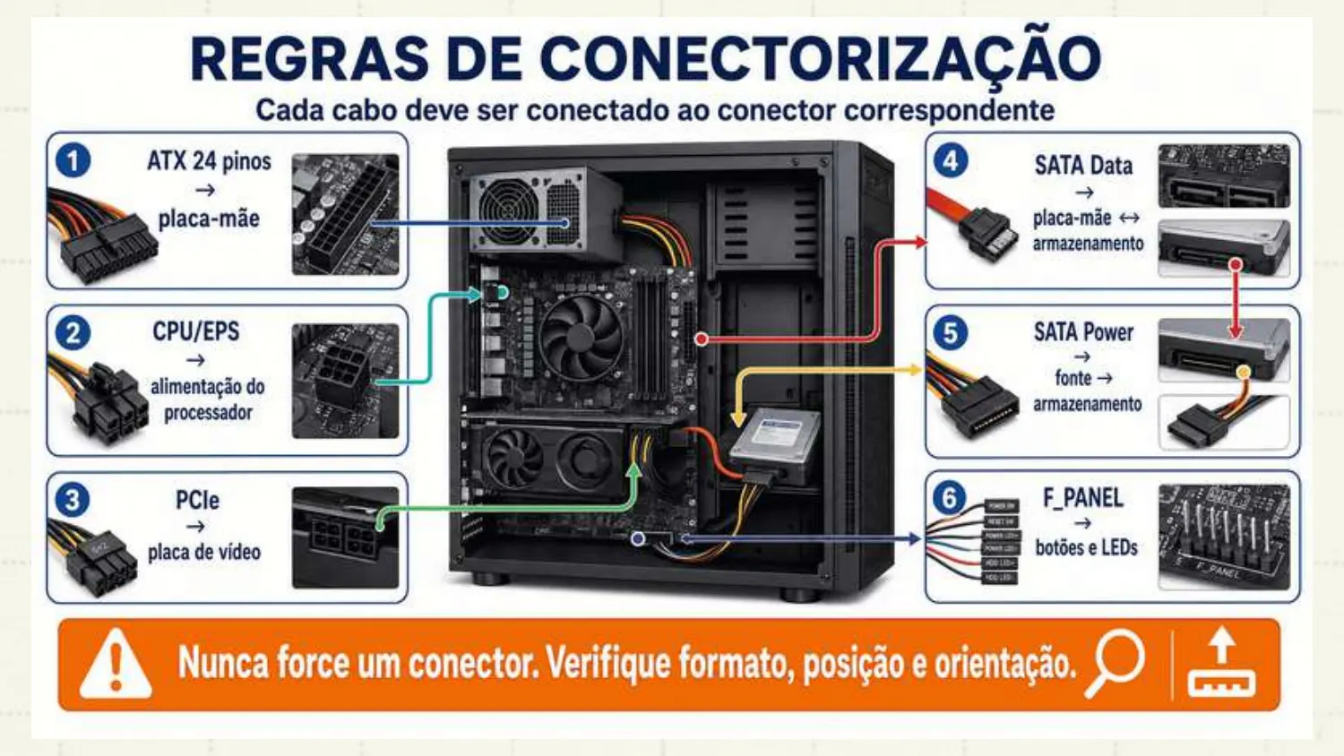 ATX 24 pinos na placa-mãe, CPU/EPS alimenta o processador, PCIe na placa de vídeo, SATA Data entre placa-mãe e armazenamento, SATA Power da fonte ao armazenamento, F_PANEL para botões e LEDs. Nunca force um conector.