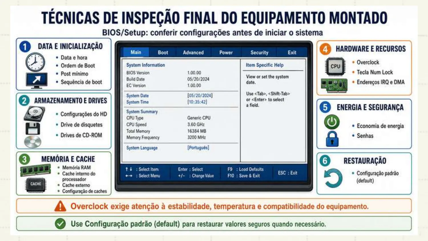 Resumo: data e inicialização, armazenamento e drives, memória e cache, hardware e recursos (overclock, Num Lock, IRQ e DMA), energia e segurança, restauração da configuração padrão. Overclock exige atenção à estabilidade; use a configuração padrão para restaurar valores seguros.