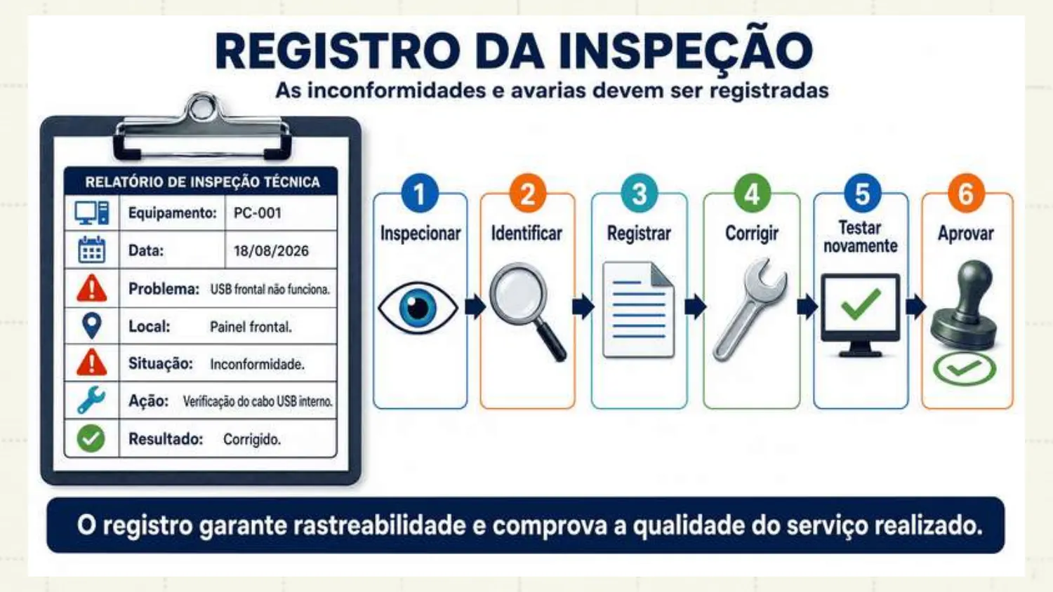 Relatório de inspeção técnica com equipamento, data, problema (USB frontal não funciona), local, situação (inconformidade), ação (verificação do cabo USB interno) e resultado (corrigido). Etapas: inspecionar, identificar, registrar, corrigir, testar novamente, aprovar. O registro garante rastreabilidade e comprova a qualidade do serviço.