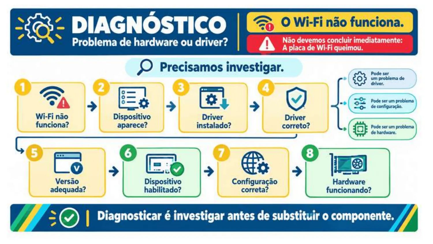 O Wi-Fi não funciona: não devemos concluir que a placa queimou. Investigar: Wi-Fi funciona? Dispositivo aparece? Driver instalado? Driver correto? Versão adequada? Dispositivo habilitado? Configuração correta? Hardware funcionando?