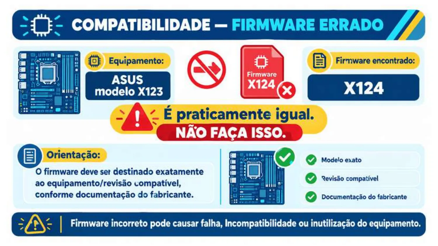 Equipamento ASUS modelo X123 e firmware encontrado para X124: praticamente igual, não faça isso. O firmware deve ser destinado exatamente ao equipamento e revisão.