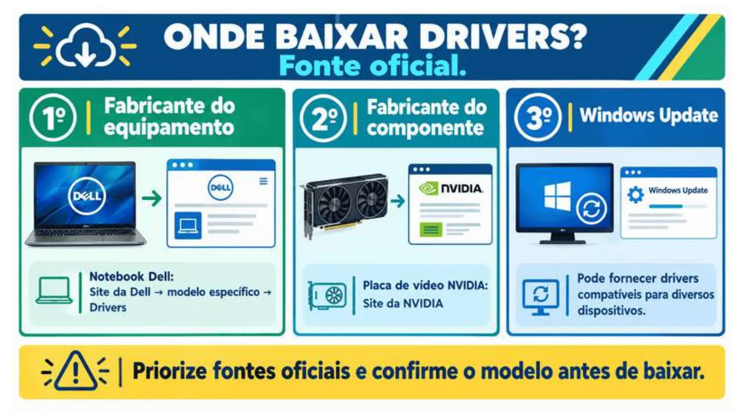 1º fabricante do equipamento (ex.: site da Dell com o modelo específico), 2º fabricante do componente (ex.: NVIDIA), 3º Windows Update.